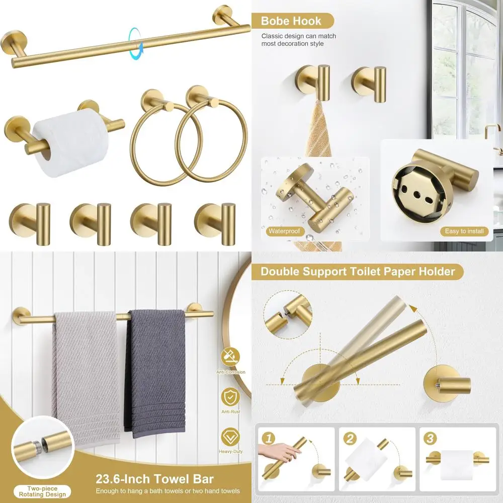 

Luxury 8-Piece Brushed Gold Bath Hardware Set, 23.6 SUS304 Stainless Steel Towel Bar & Accessories