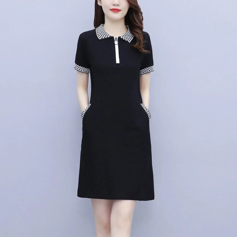 

Summer New Women's Cheered Lapel Mid-length Loose Dr Casual Sle 00% Linen Material ort Sve A-line Skirt