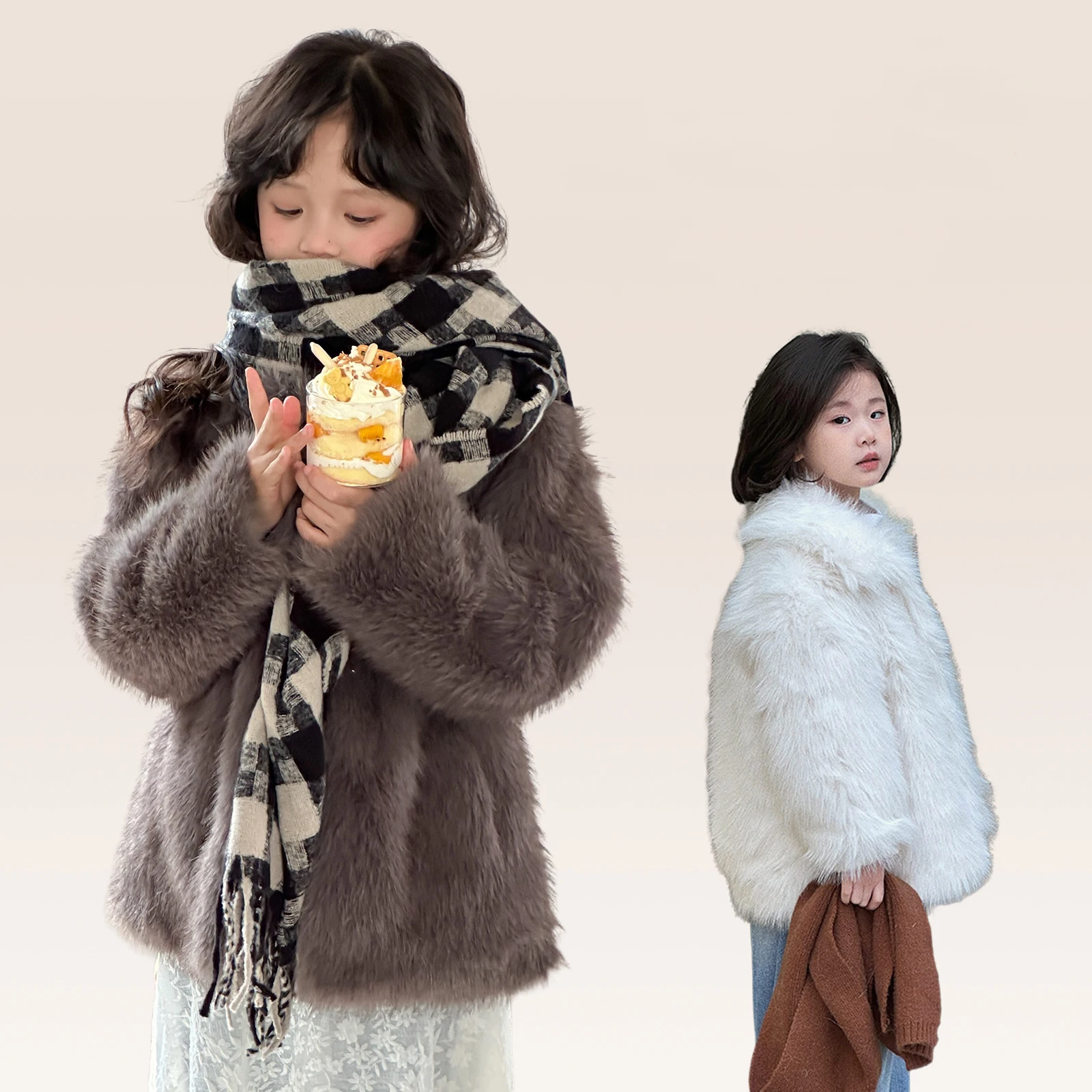 UNITIM Children Girl Faux Fox Fur Coats 4-14Y Teens Girl Turn Down Collar Outerwear Coat Junior Girls Integrated Fluffy Overcoat