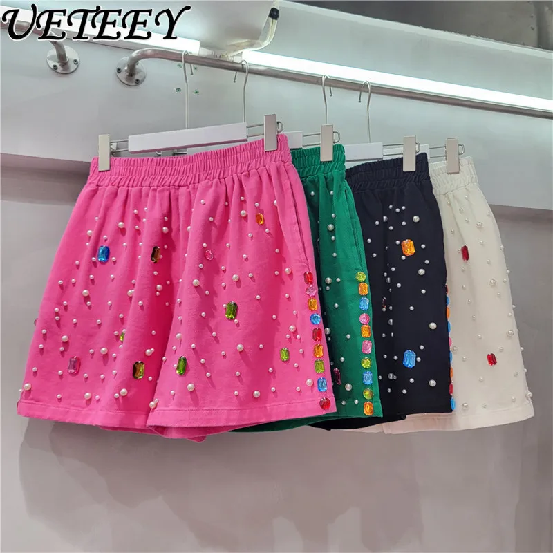 Heavy Industry Beads Diamond Candy Color Shorts Women 2024 Summer Wide Leg Shorts High Waist Slimming Washed Denim Short Pants