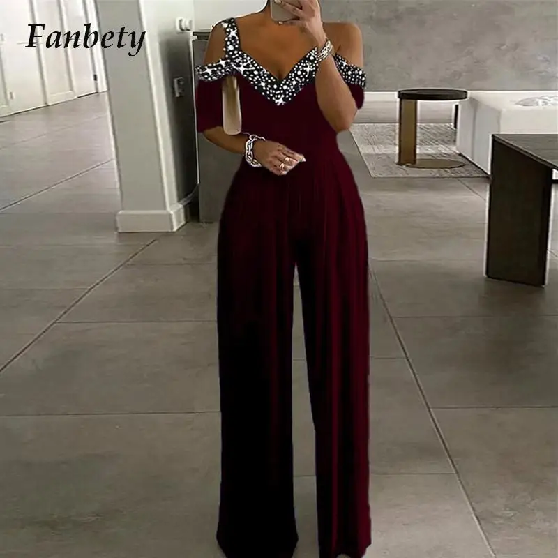 

Summer Sexy V Neck Off Shoulder Office Jumpsuit Women Short Sleeve Print Long Romper Elegant Waisted Wide Legged Pants Jumpsuit