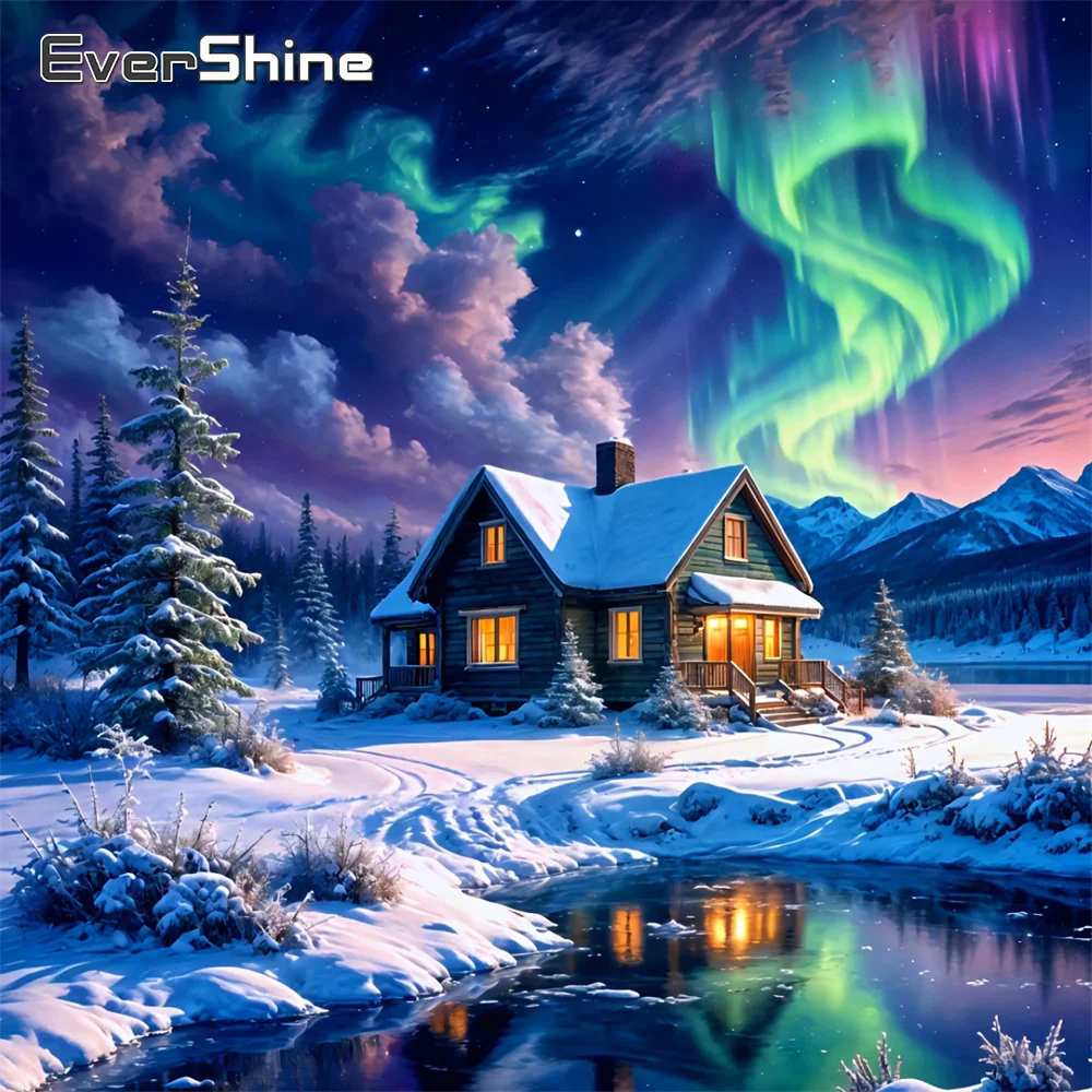 Evershine Schneediamant-Mosaik Landschafts-Strass-Stickerei Aurora Vollquadrat-Malerei Haus-Stich Winter-Heimdekoration