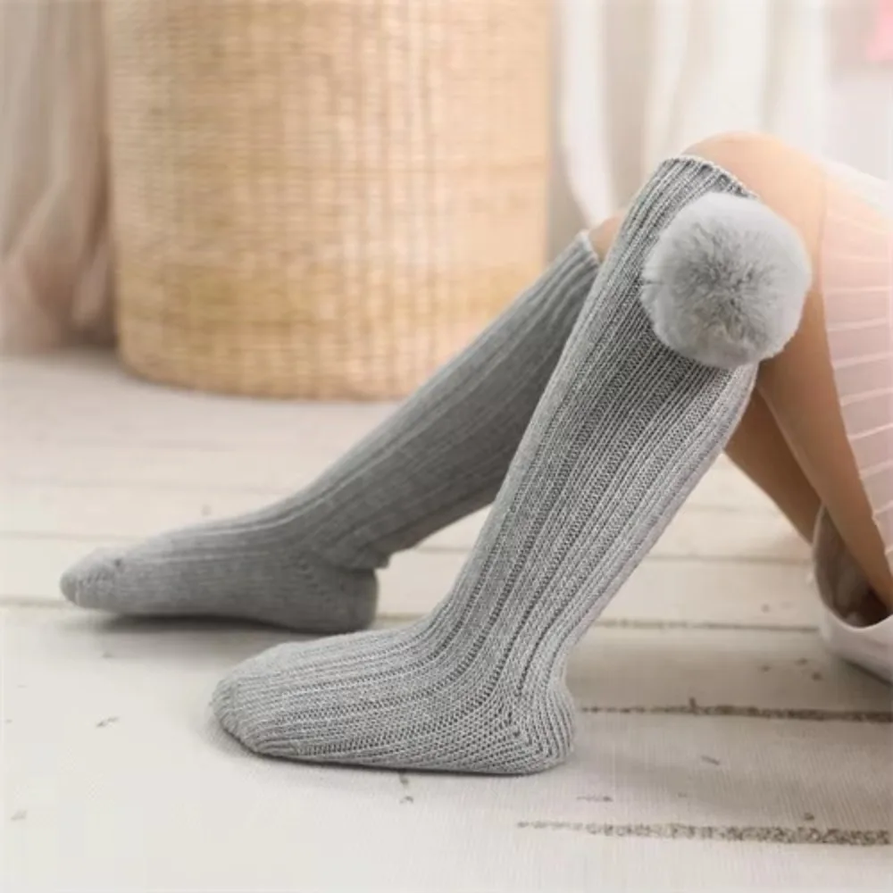 Thick Knee High Socks Solid Color Decorative Cotton Knit Socks Knit Texture Fuzzy Pom Pom Warm Winter Socks Casual Wear