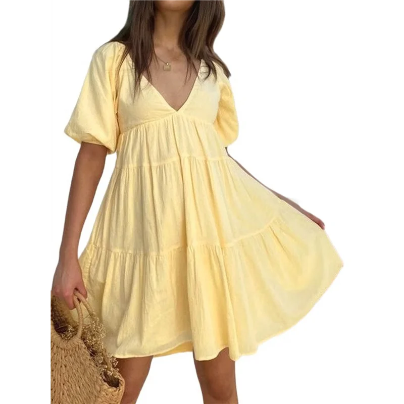 

Hot Kf-Womens Puff Short Sleeve Mini Dress Flowy Y2k Ruffle Lace Trim Babydoll Tie Front Embroidered A Line Dresses