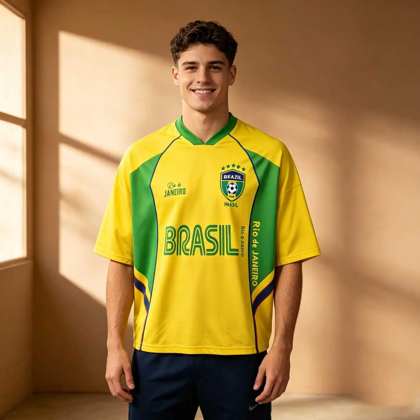Casual Sport Retro Brazil Soccer Badge Print Men Oversized V Neck Elbow Sleeve Tee, Summer Streetwear Loose Fit Tops