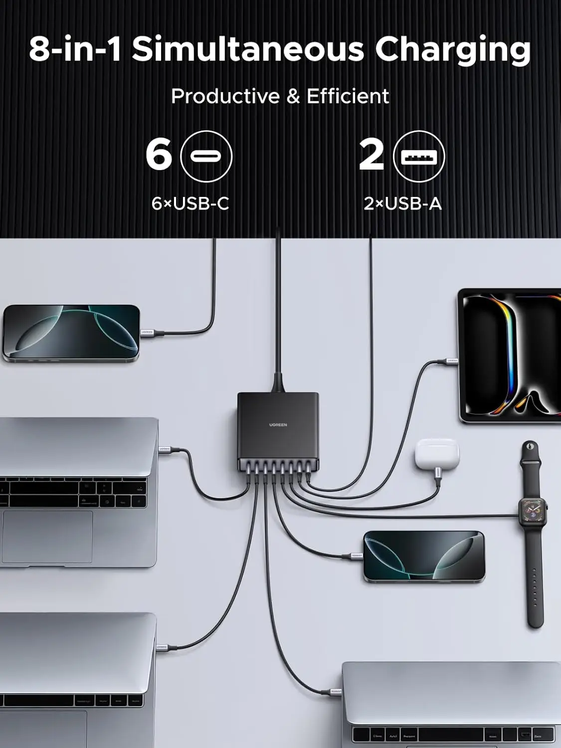 Carregador de Mesa MAF UGREEN 200W com 8 Portas GaN USB C, Estação de Carregamento Rápido USB C para Galaxy S25