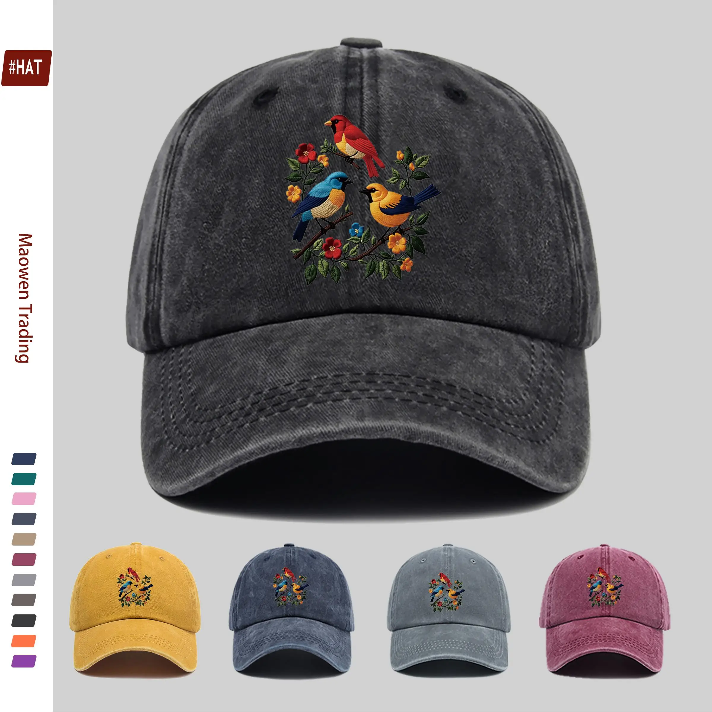 1pc Women' Trucker Dad Hat - Adjustable Snapback Cap with Floral Bird Branch Print, Lightweight Vintage Baseball Cap Suitable fo