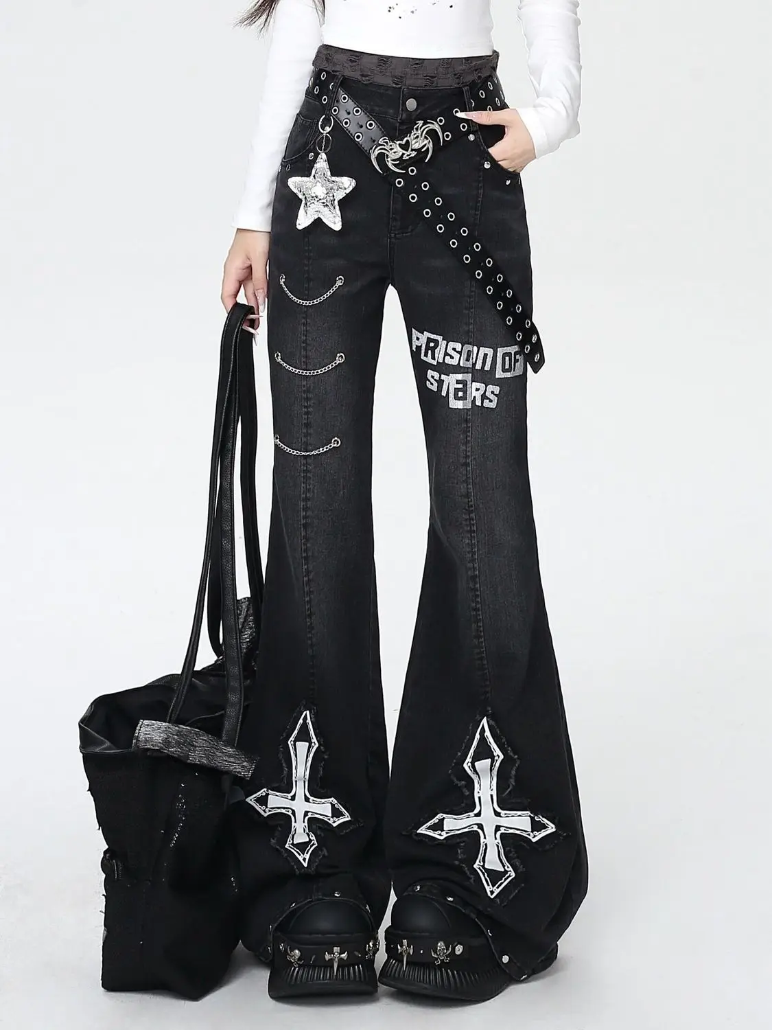 American Women Jeans Y2k Aesthetic Chain Autumn Vintage Slim Harajuku Letter Flare Long Trouser Cross Denim Pants Female Jogger