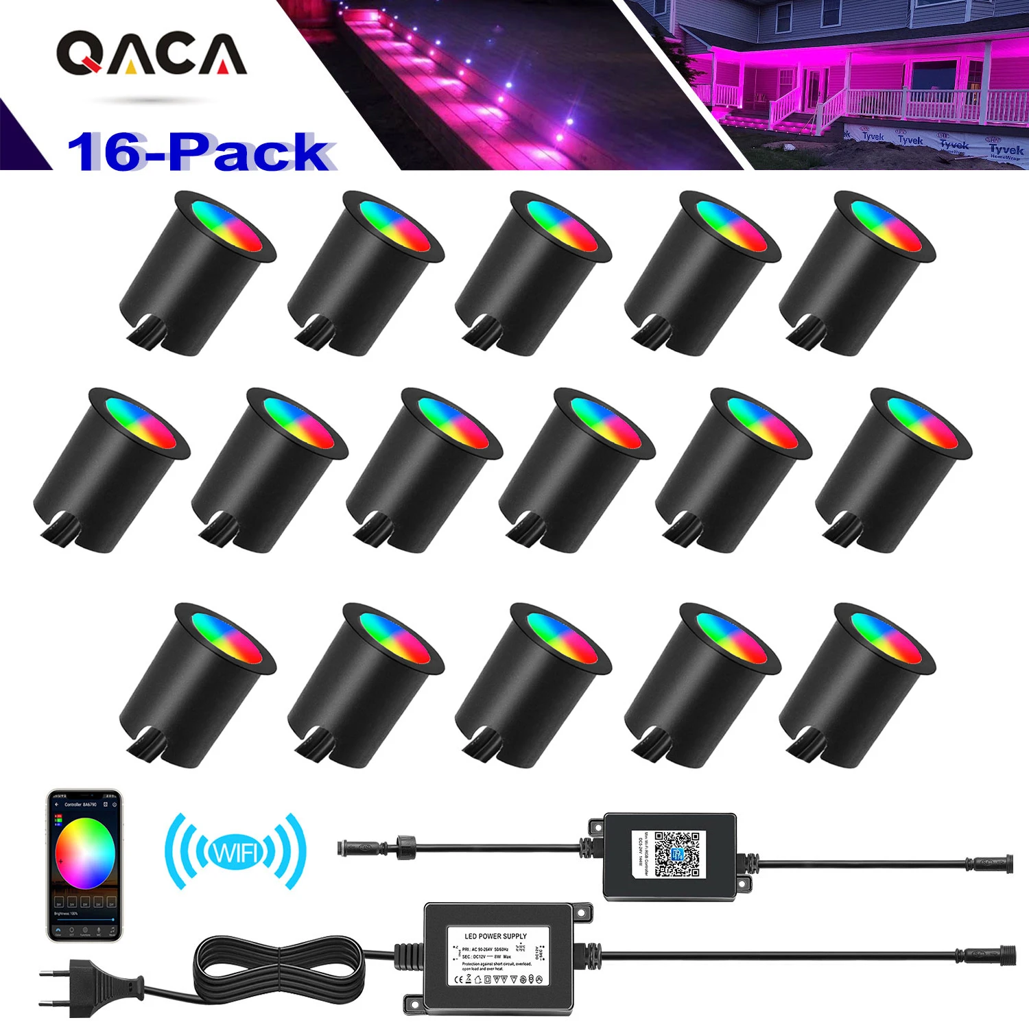 QACA RGB WIFI LED Spot Ligths IP67 Outdoor Inground Colorful Recessed Lamps for Yard Garden Deck Scenery Pathway Stairs Patio