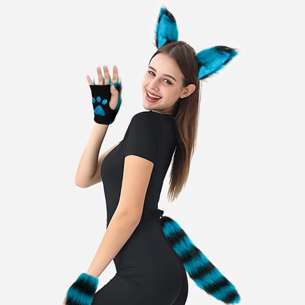 Plush Gloves With Ear Headband For Costume Party Artificial Wool Has Beautiful Texture And High
