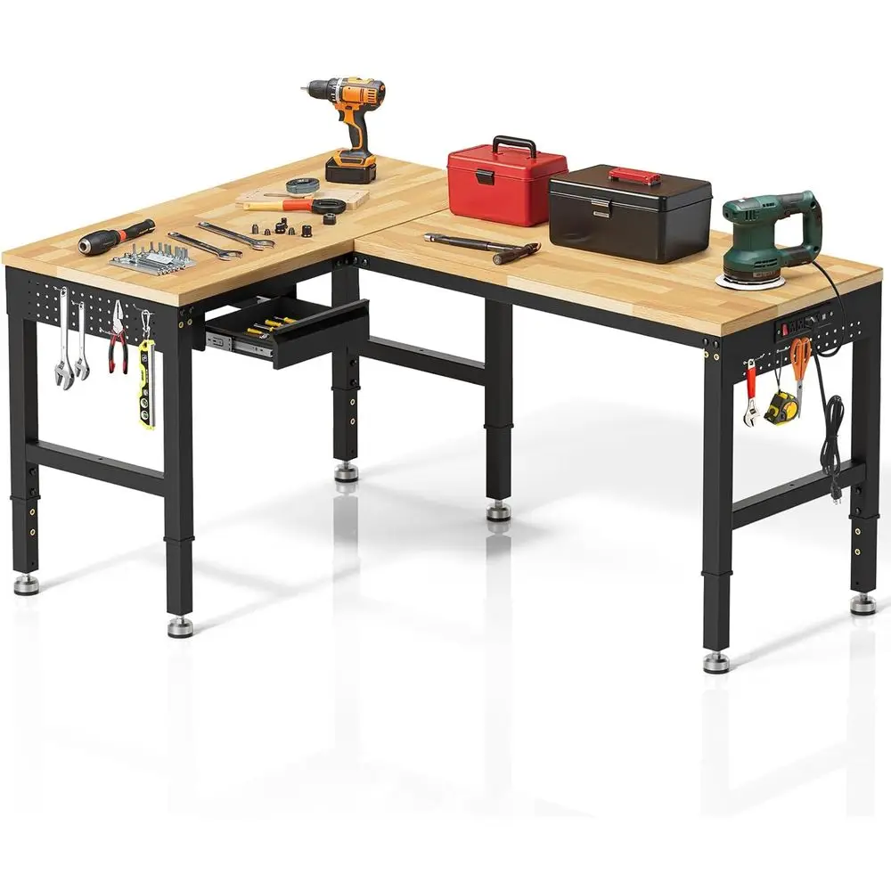 

Adjustable Height 96 L-Shaped Workbench with 5000 lbs Capacity, Power Outlet & Pegboard for Garage or Workshop