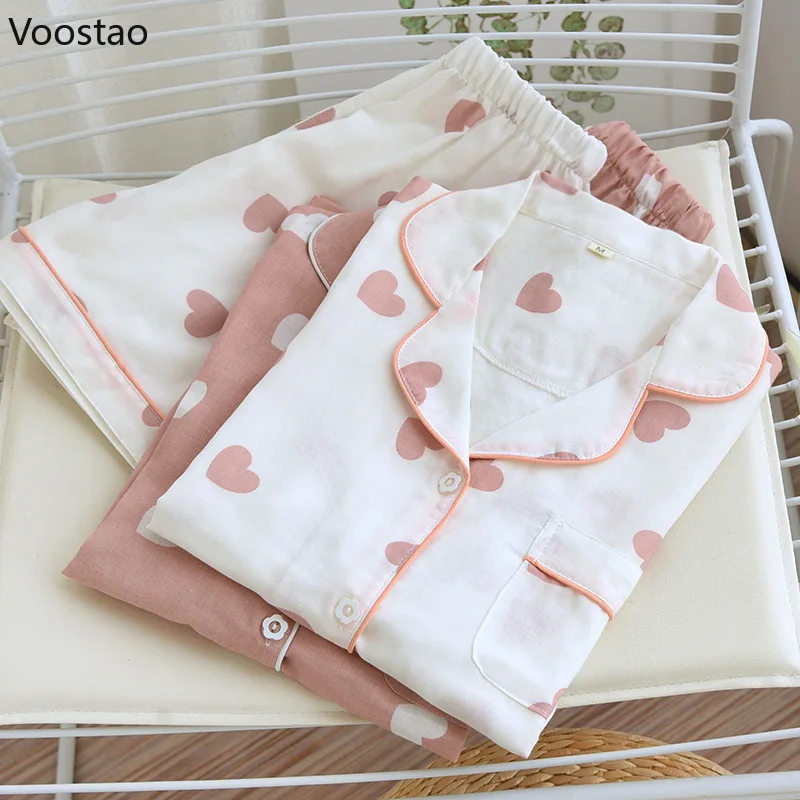 Summer Women Cute Pajamas 2 Piece Set 100% Cotton Short Sleeve Heart Print Pajamas Homewear Ladies Pajamas Suit Women Sleepwear