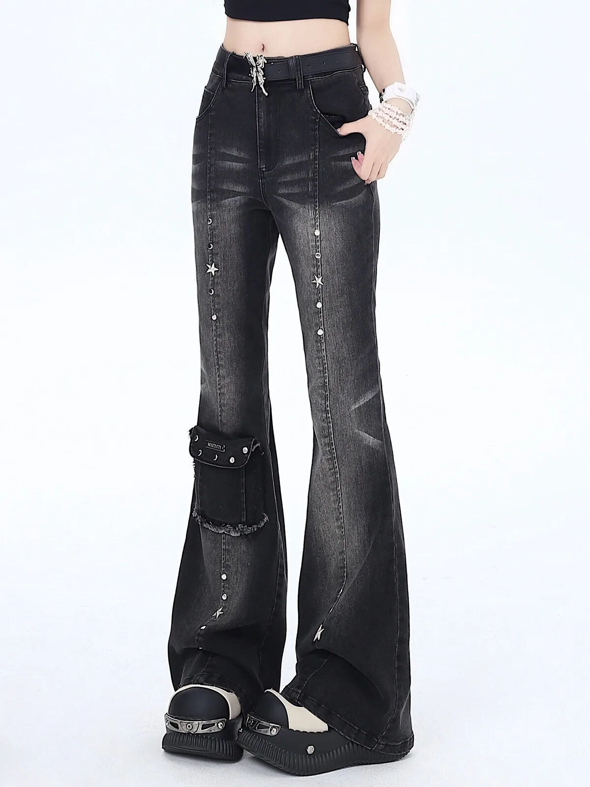 Crazygirl Vintage High Waist Bell Bottom Denim Jeans Women's Summer Slimming Bootcut Skinny Jeans Gothic Style Spring Summer
