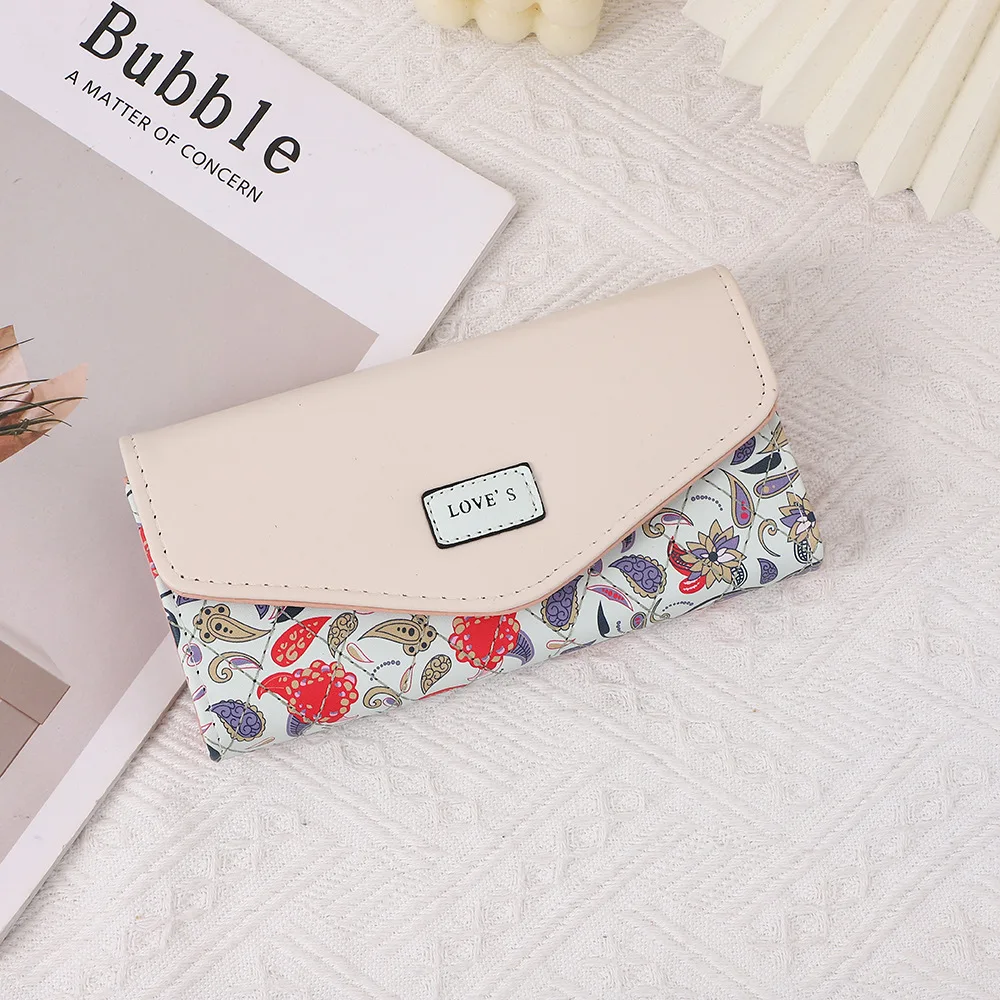 New Korean Women's Wallet Bag - Pastoral Floral Contrast Color, Tri-Fold Envelope Buckle Zipper Purse