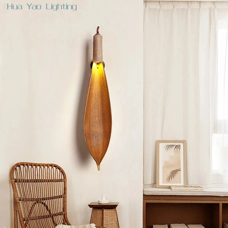 Lámpara de pared de estilo Pastoral de hoja de cacao Natural, lámpara de pared moderna minimalista Vintage para restaurante, fuente de luz LED, atmósfera