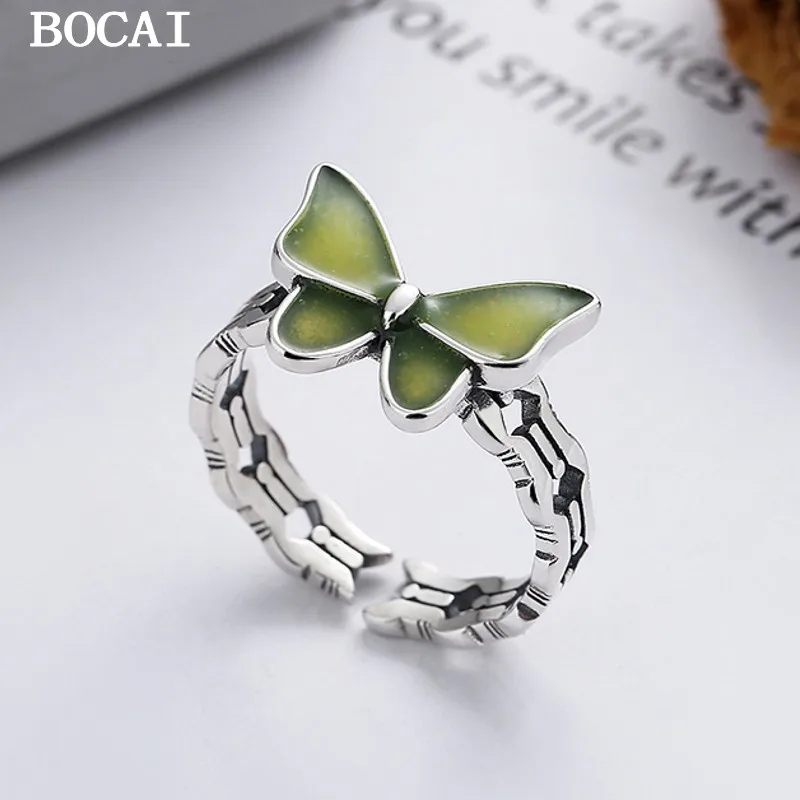 

BOCAI S925 Sterling Silver Small And Fresh Hollow Out Drip Glue Color Change Butterfly Open Ring
