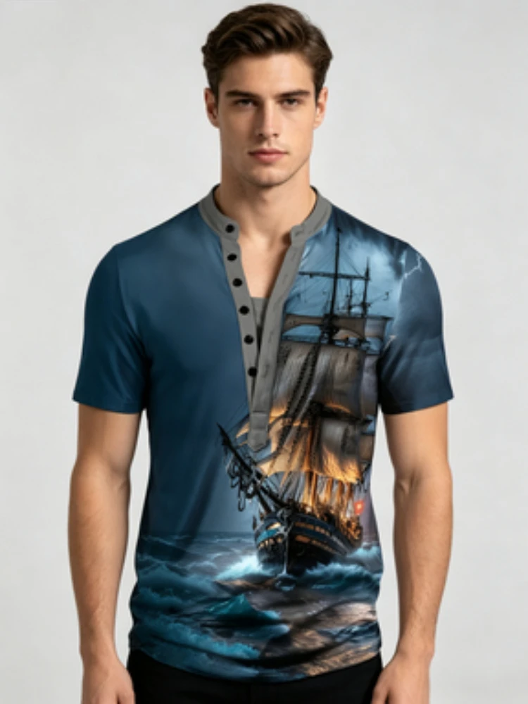 Men'S Short-Sleeve Henry Shirt with a Smooth Sailing 3D Digital Print Design for a Unique Doorman Style