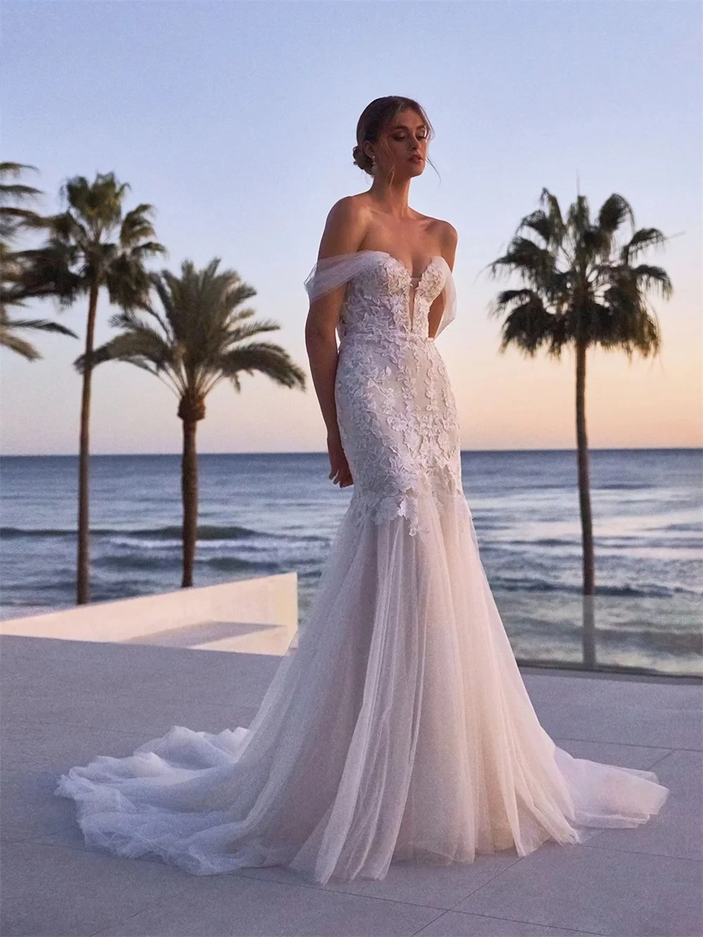 Beach V-neck Mermaid Wedding Dresses Off Shoulder Appliques Customized Sweep Train Bridal Gown Pastrol Vestidos De Novia