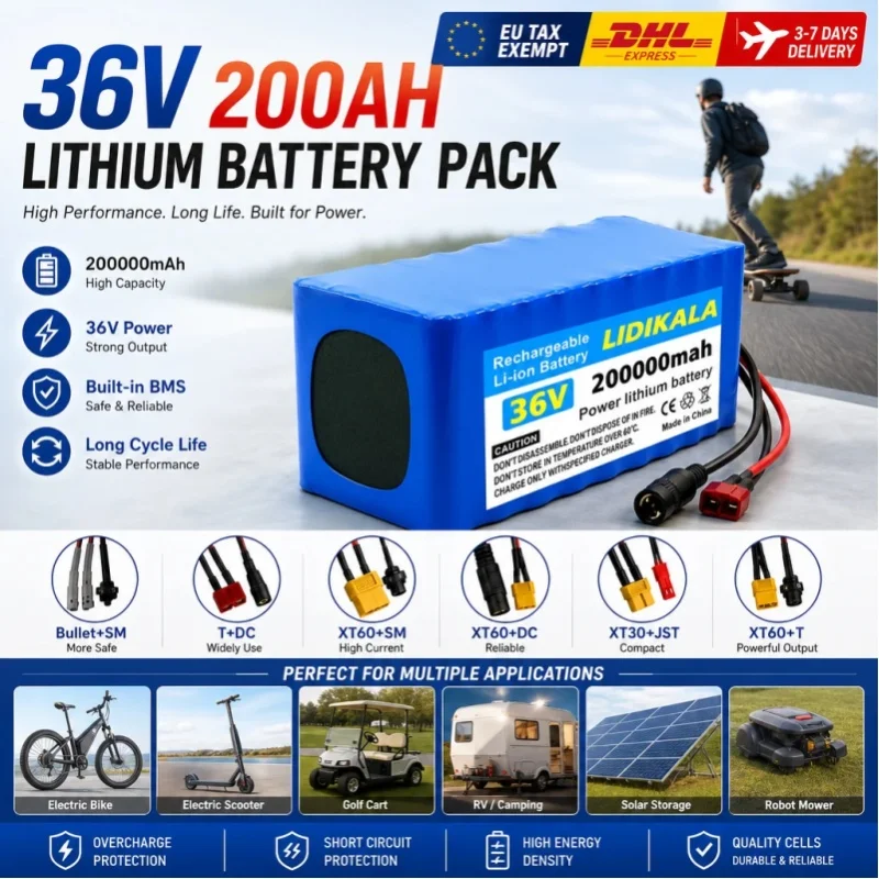 LIDIKALA 36V 200Ah Lithium-Akku-Pack 10S4P 200000mAh Wiederaufladbarer Li-Ionen-Akku mit Überlade- und Kurzschlussschutz (BMS) für Elektrofahrräder und -roller