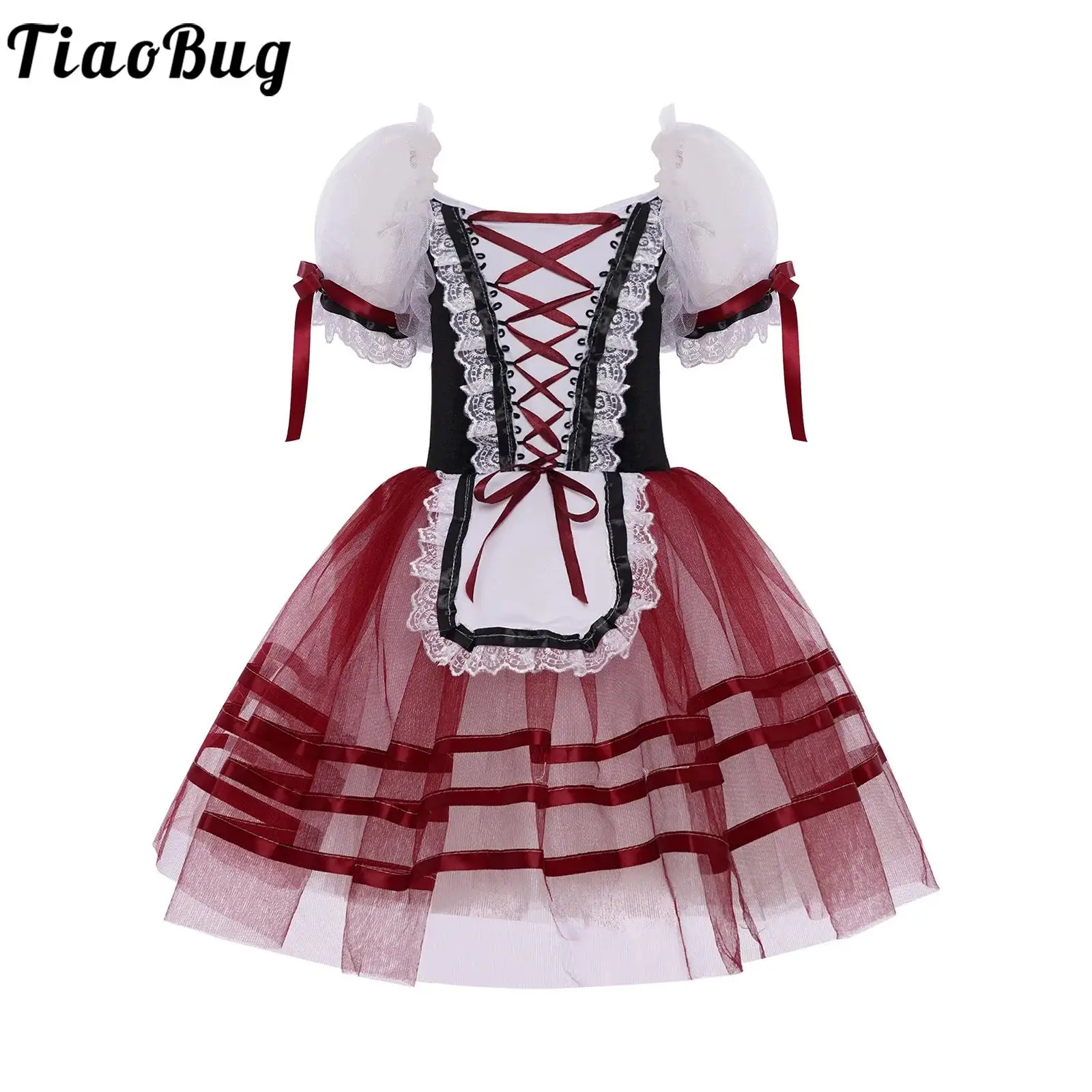 

Детское балетное танцевальное платье-пачка для девочек, платье принцессы с пышными рукавами и кружевной отделкой, гимнастический купальник на шнуровке, костюм балерины для фигурного катания