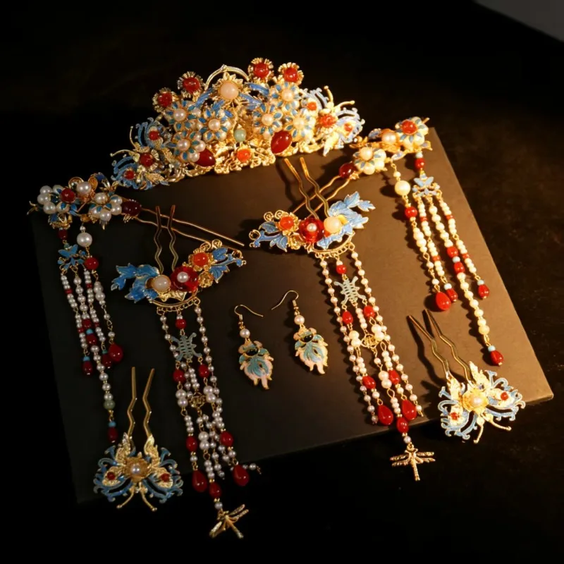 Chinese Traditional Wedding Hair Jewelry Set Phoenix Crown Hairpin Step Shake Earrings Bride Accessories Complete Gift Box Set