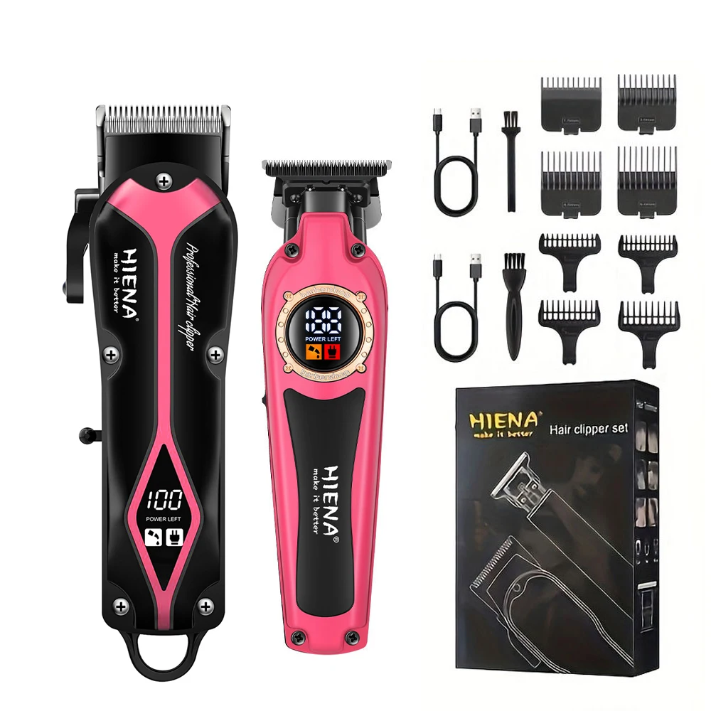 

HIENA pink electric digital hair clipper set is designed for professional hair cutting for men and can be used as a home gift