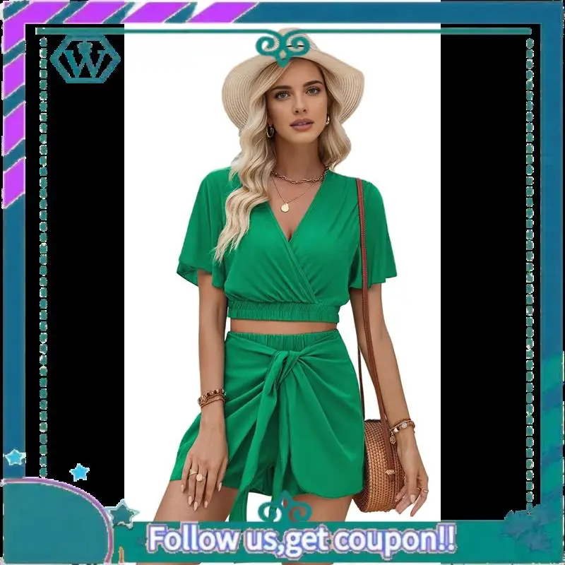 

A09P Women's Casual V-Neck Ruffle Sleeve Knot Drawstring Top Shorts Set Casual Vacation