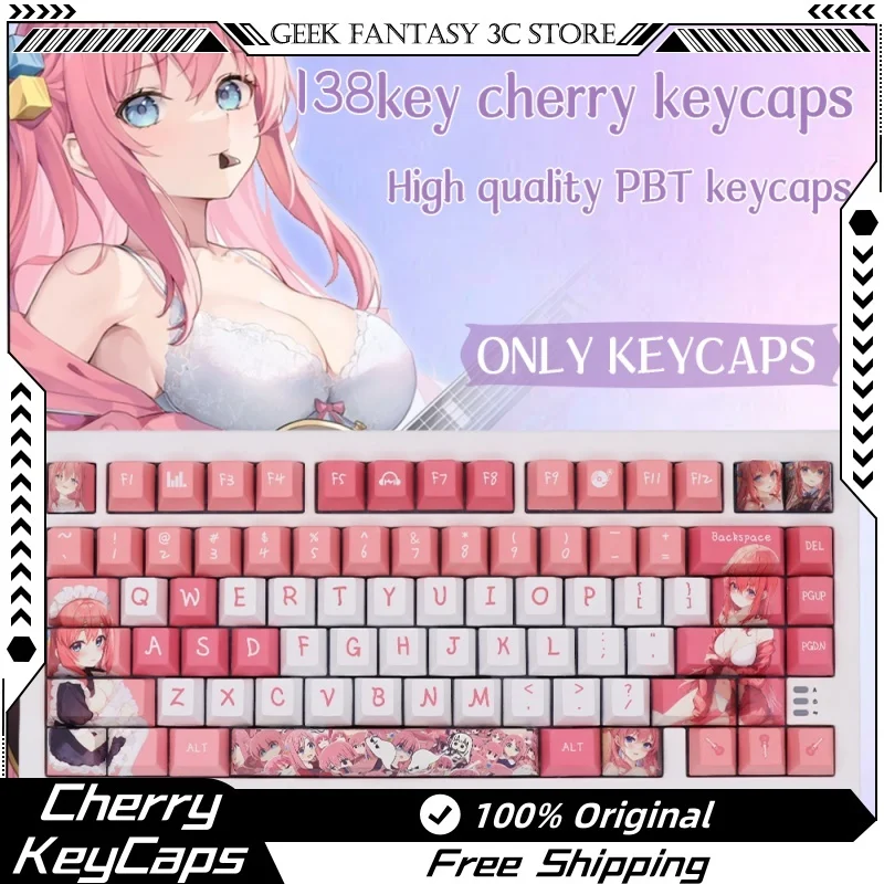 New Bocchi The Rock Theme Keycaps 135 Key  Cherry Profile Pbt Thermal Sublimation Mechanical Keyboard Anime Pink Cartoon Keycaps