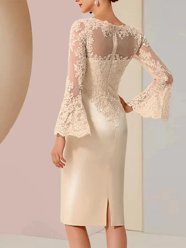 Gorgeous Sheath Lace Mother Of The Bride Dresses 2023 Full Long Sleeves Knee Length Satin Groom Mum Party Gowns Wedding Guest