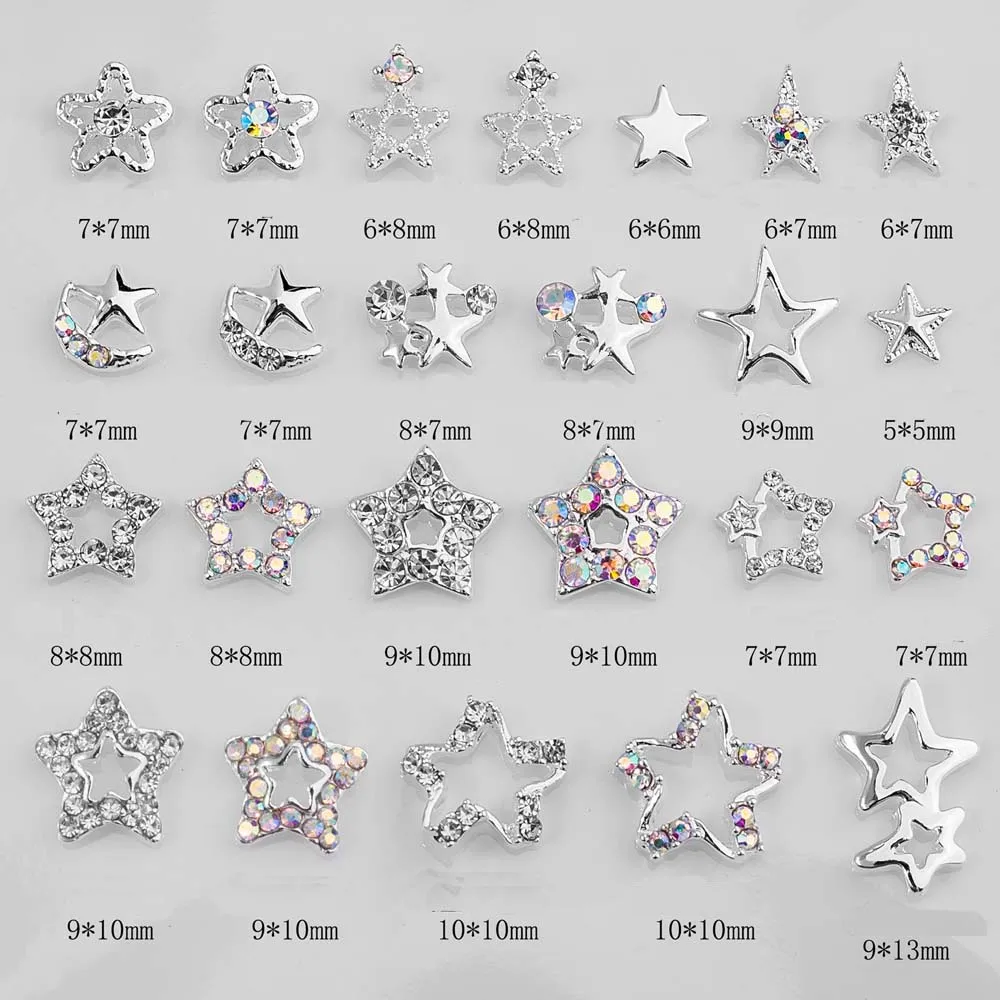 Estrella de diamante de cinco puntas para decoración de uñas, accesorios de lujo para manicura, 10 piezas, 3D, hueco, Blanco/AB