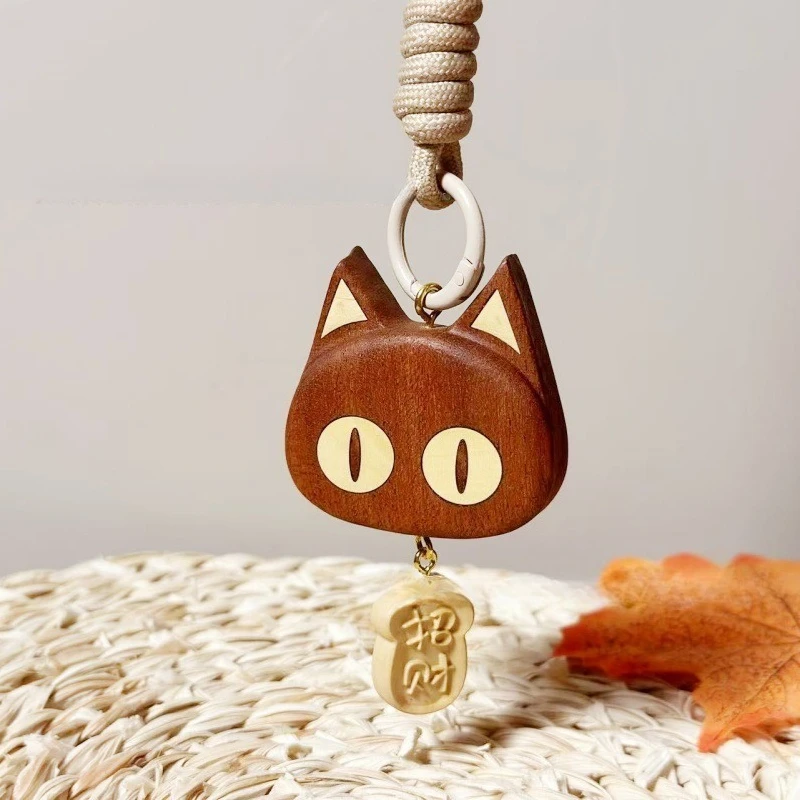 

Sandalwood Carving Lucky Cat Figurine Pendant Wooden Animals Cute Cartoon Kitten Statue Student Backpack Handbag Hanging Gifts