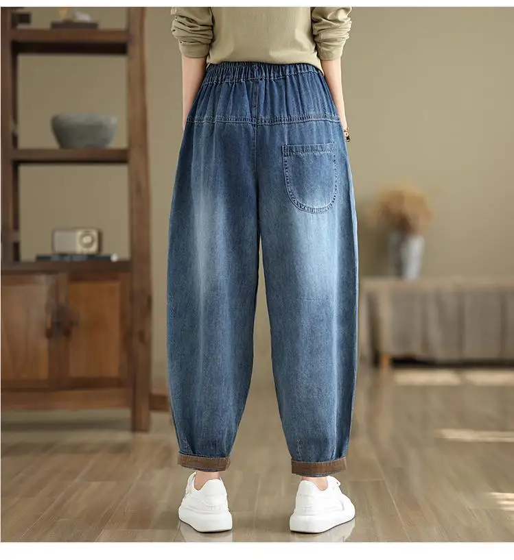 Jean Délavé Brodé de Style Ethnique Vintage pour Femme, Pantalon Sarouel en Denim à Jambes Droites, Taille artificiel astique, Collection Automne