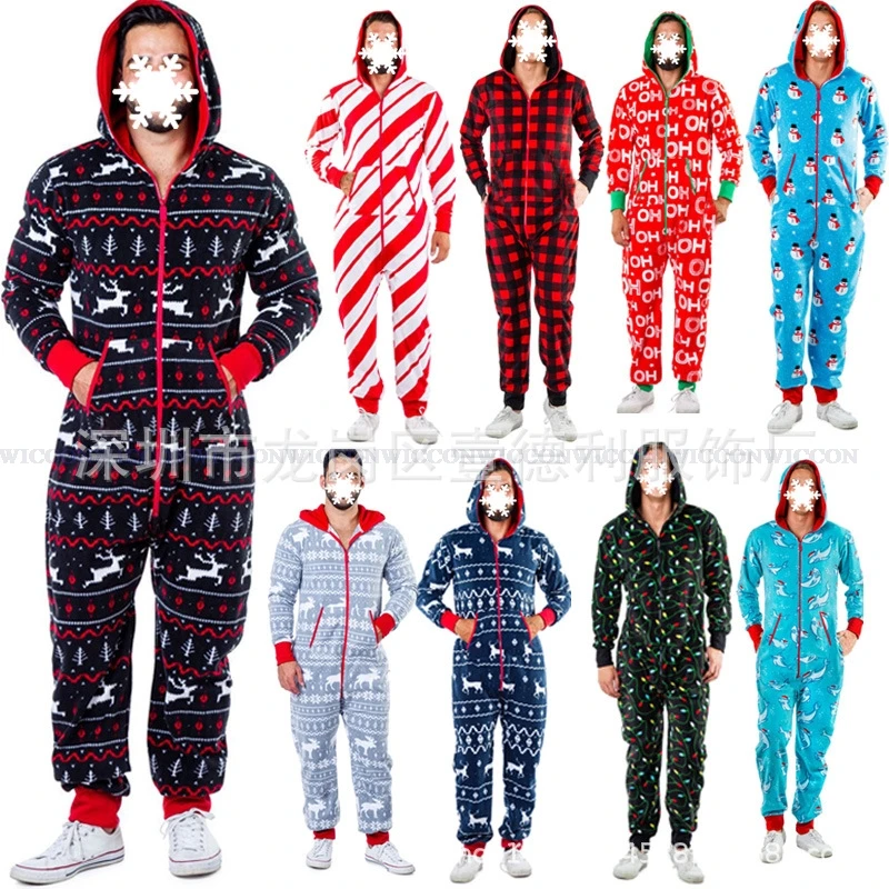 Men's Pajamas Christmas Plaid Printed Onesies Bodysuit Jumpsuit Homewear Suit Sleepwear For Men Autumn Winter Warm Nightgown