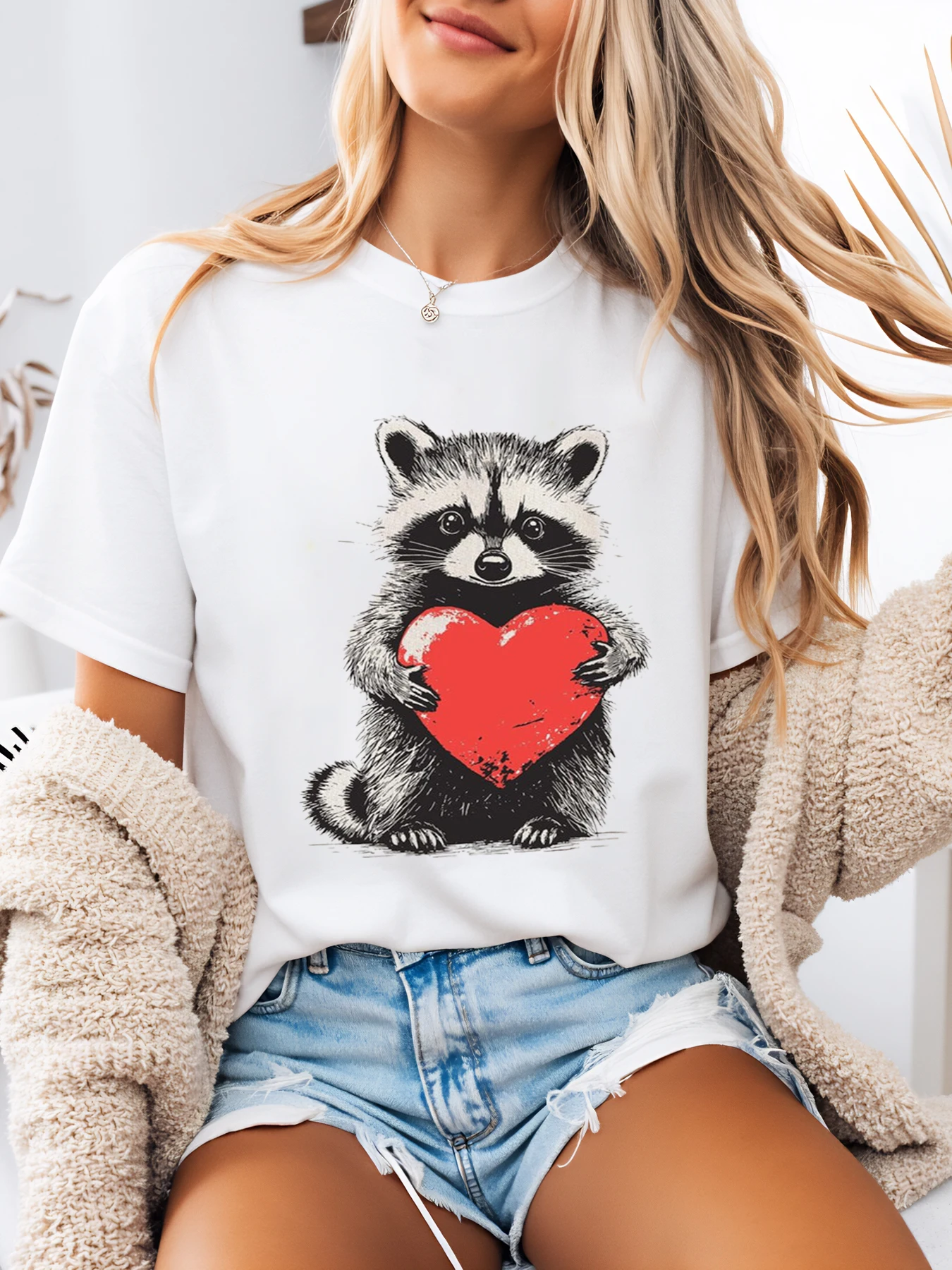 Raccoon Holding Heart Print Valentine's Day T-Shirt Women Casual Outfit White Plus-Size