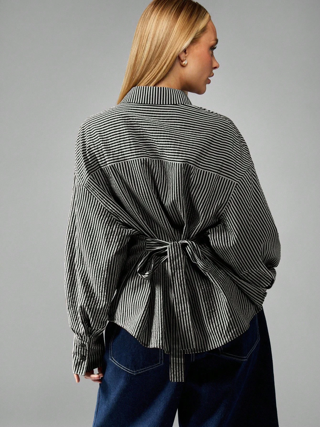 

Women Long Sleeve Striped Button Down Blouse Cinched Waist Tie Back Casual Office Top