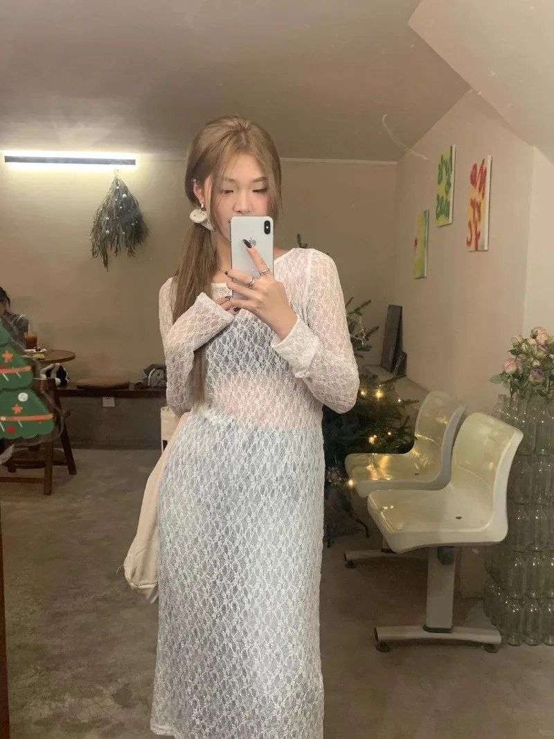 Korean Fashion See-through Lace Dress Women Clothing Long Sleeve Streetwear Sheer Spring 2025 Party  Chic Vestidos New