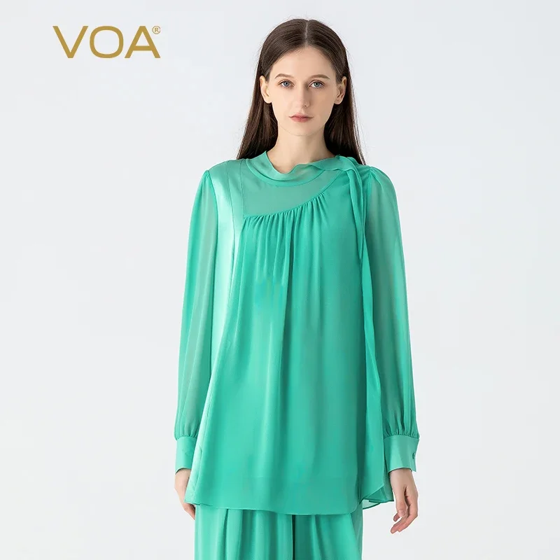 

VOA Silk Georgette Half High Collar Shirt Sleeve Splicing Elastic Satin Tops Asymmetric Double Layer Silk T-shirt Women BE1335