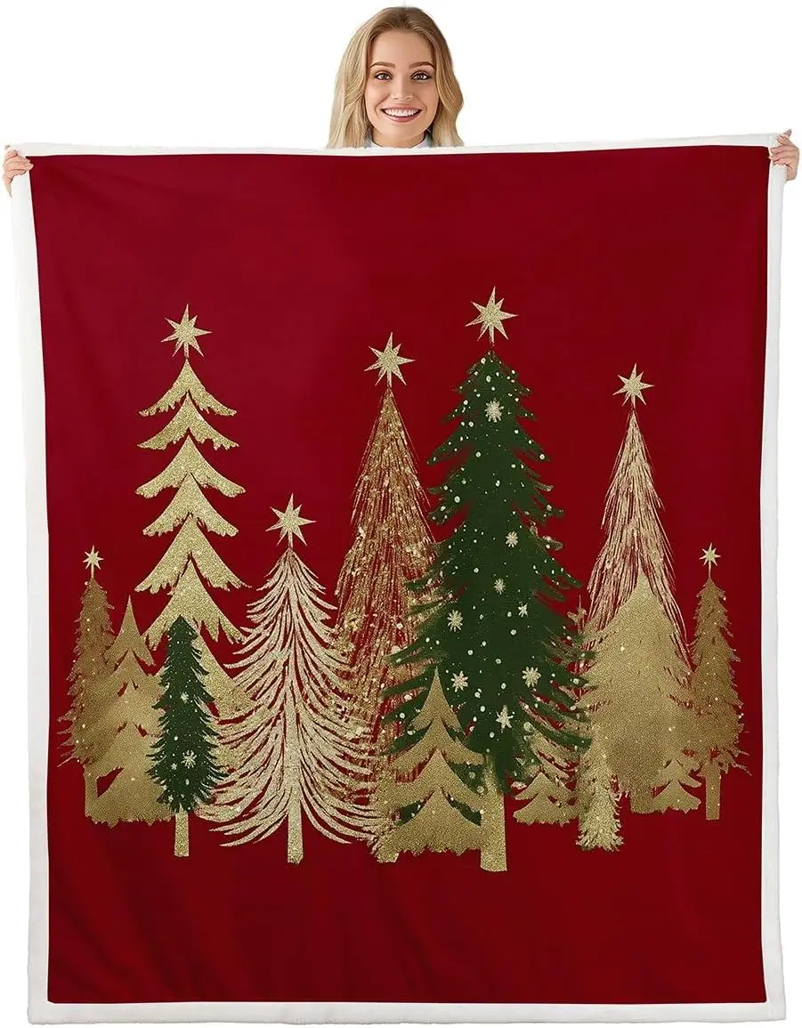 

Christmas Tree Fleece Blanket Sequin Warm Plush Sherpa Blanket Snowflakes Stars Glitter Xmas Fuzzy Plush Throw Merry Christmas