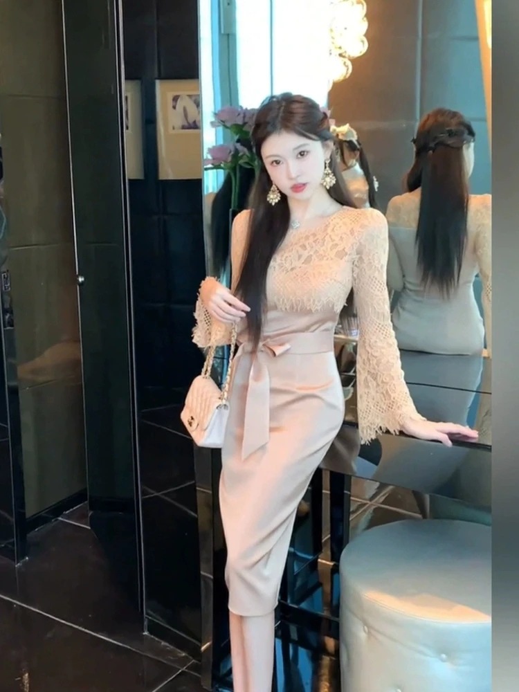 

XZY plus Size Lace Paneling Fake Two-Piece Dr Women's Autumn 2025 Belted Waist Long Dr Gentle Sle Fro for Ladies