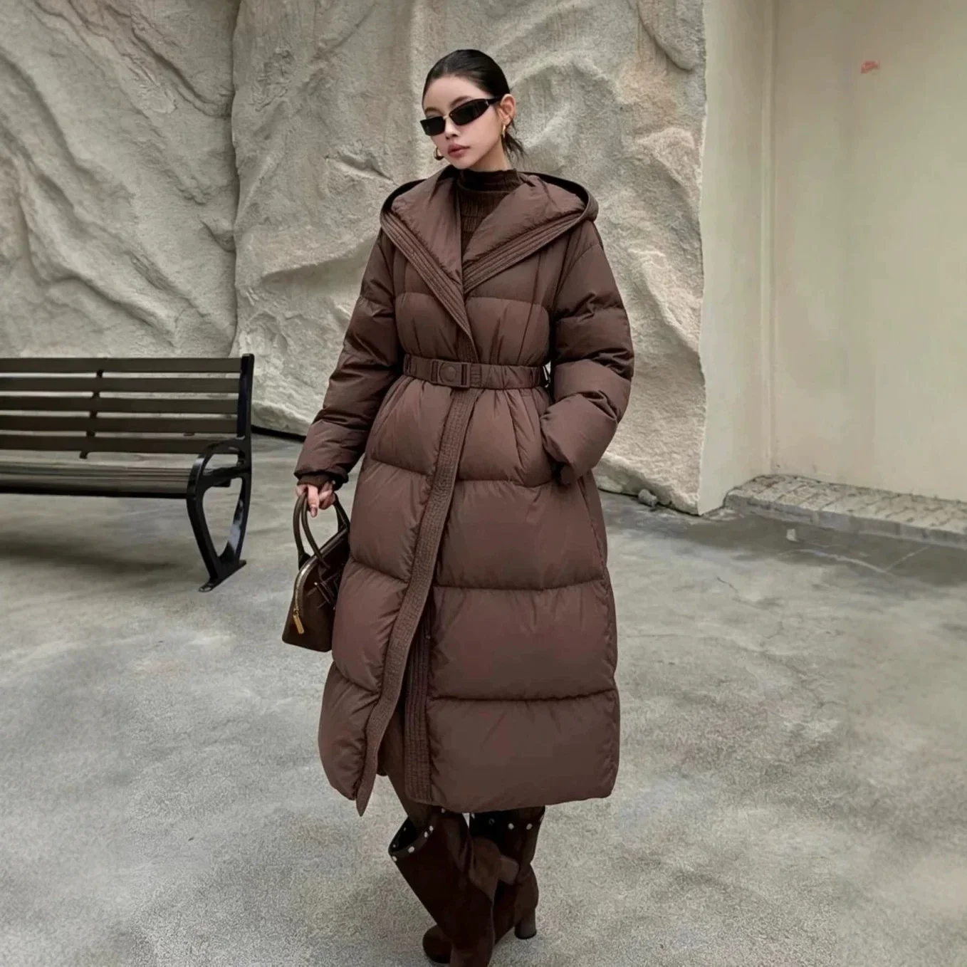 Winter Women's Down Jacket Windproof Hooded Long Loose Waistband Jacket