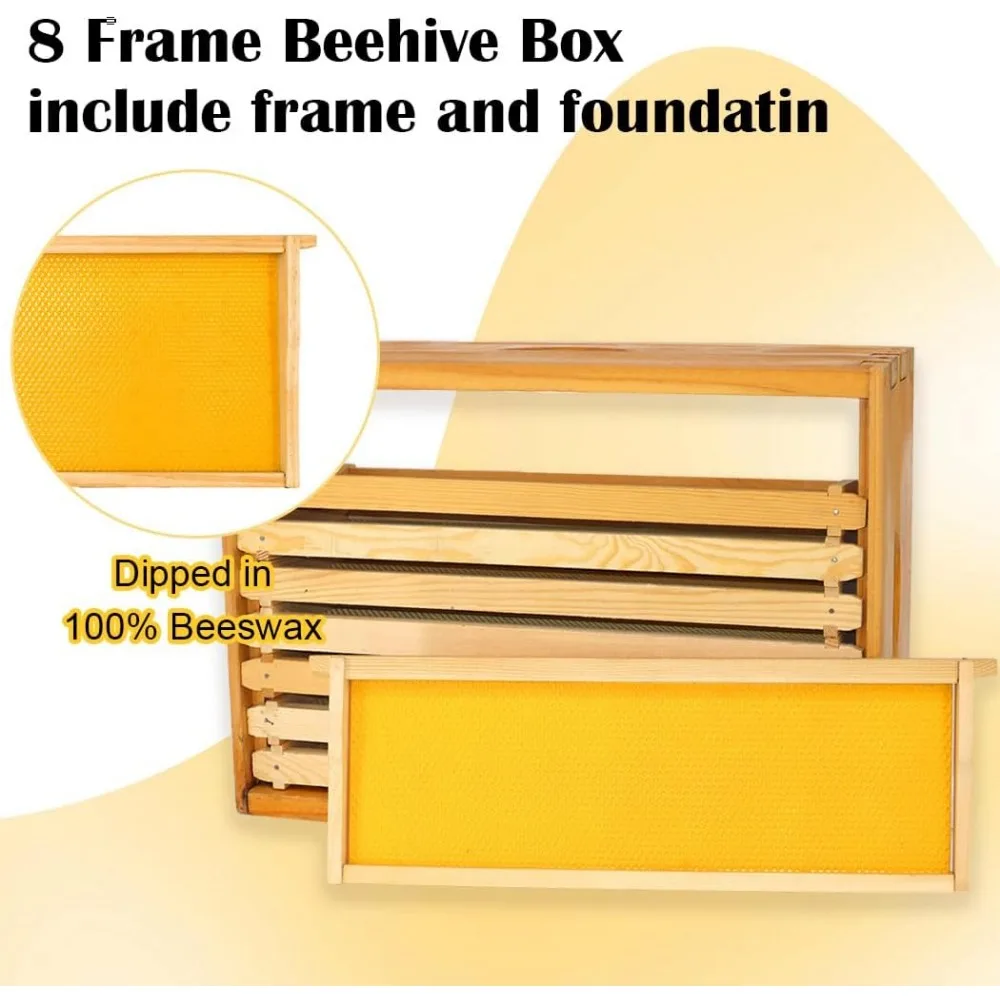 8 Frame Medium Super Bee Box, Assemble Bee Hive Box, Dipped in 100% Beeswax, Include Beehive Frames and Bee Hive Foundation