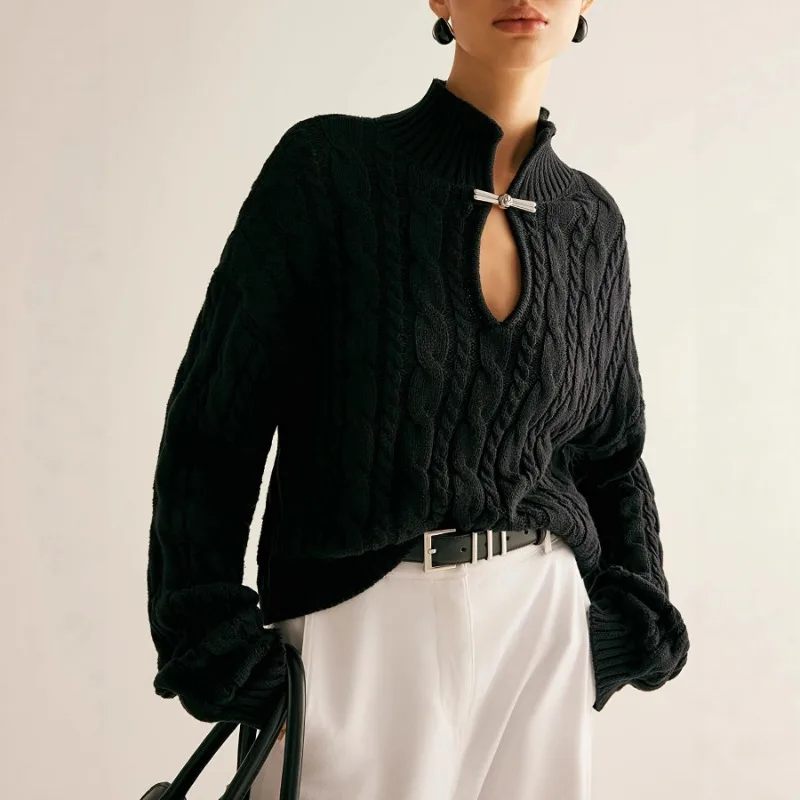 

Осенне-зимний женский однотонный маленький воротник-стойка с воротником-стойкой на груди, дизайн для копания жареного теста, свитер для тяжелой промышленности