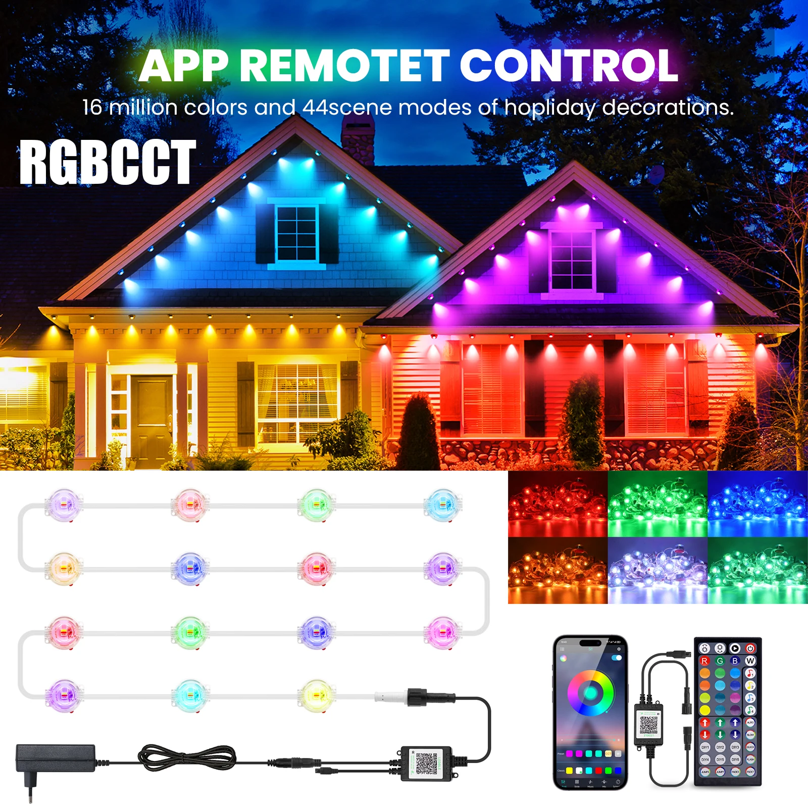 DC 24V RGBCCT Eaves Light with APP/Remote Control Outdoor Party Garden Lamp IP67 Waterproof 15M 30M 60M LED Fairy String Lights
