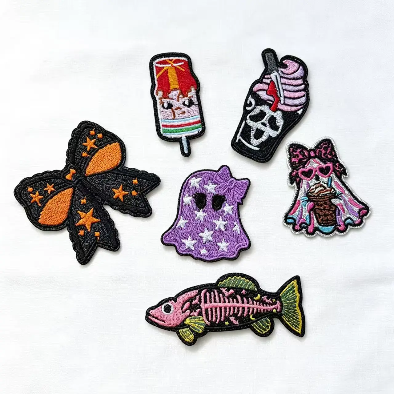6Pcs Halloween Theme Embroidered Iron On Patches, Skull Ghost Pumpkin Spider Design Fabric Patch Badge  Party Costume Applique
