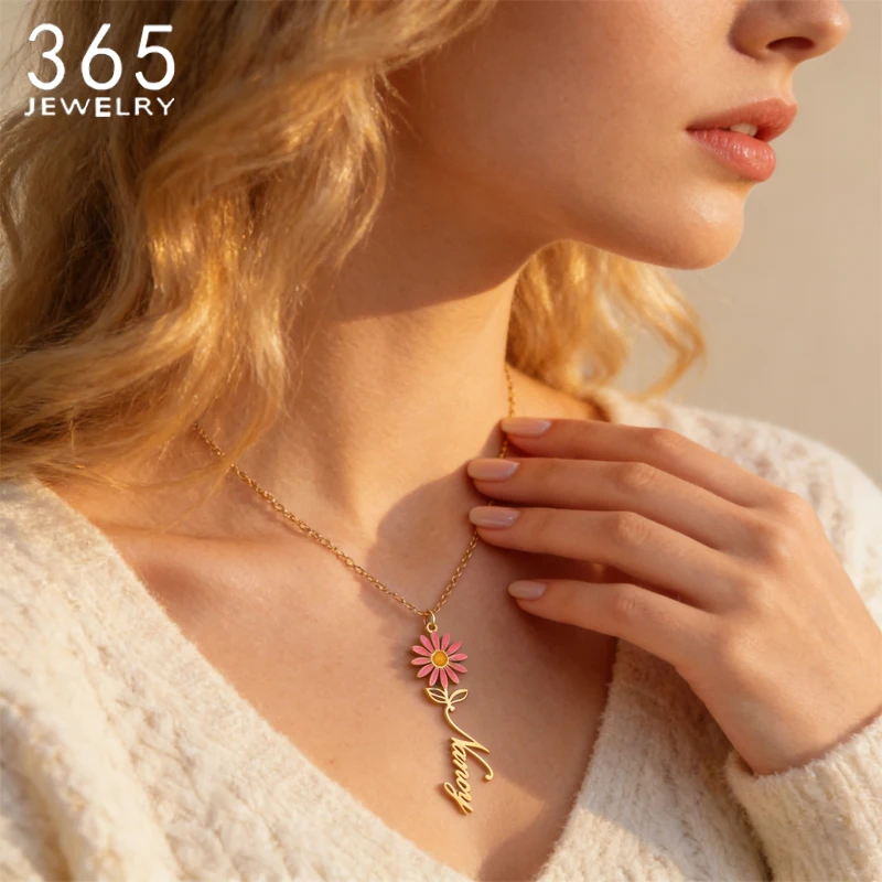 

365 Personalized 3 Colorful Drop Oil Flower Style Necklace Stainless Steel Custom Name Charming Pendant For Women Girls Jewelry