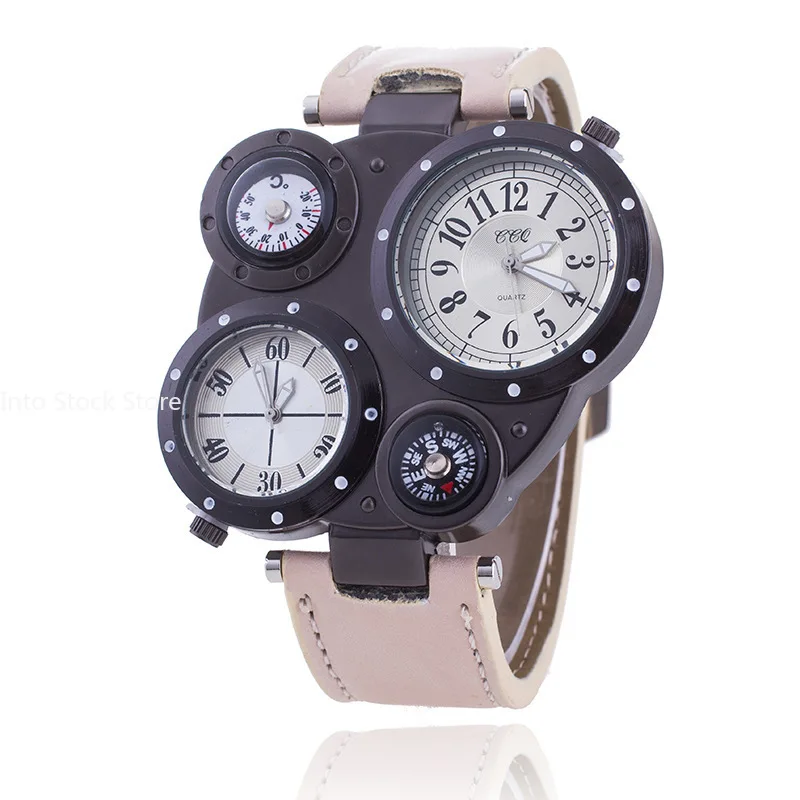 Creative Big Watch Men Chronograph Multi Dials Quartz Watch Military Sport Wristwatch Male Leather Strap Clock with Compass