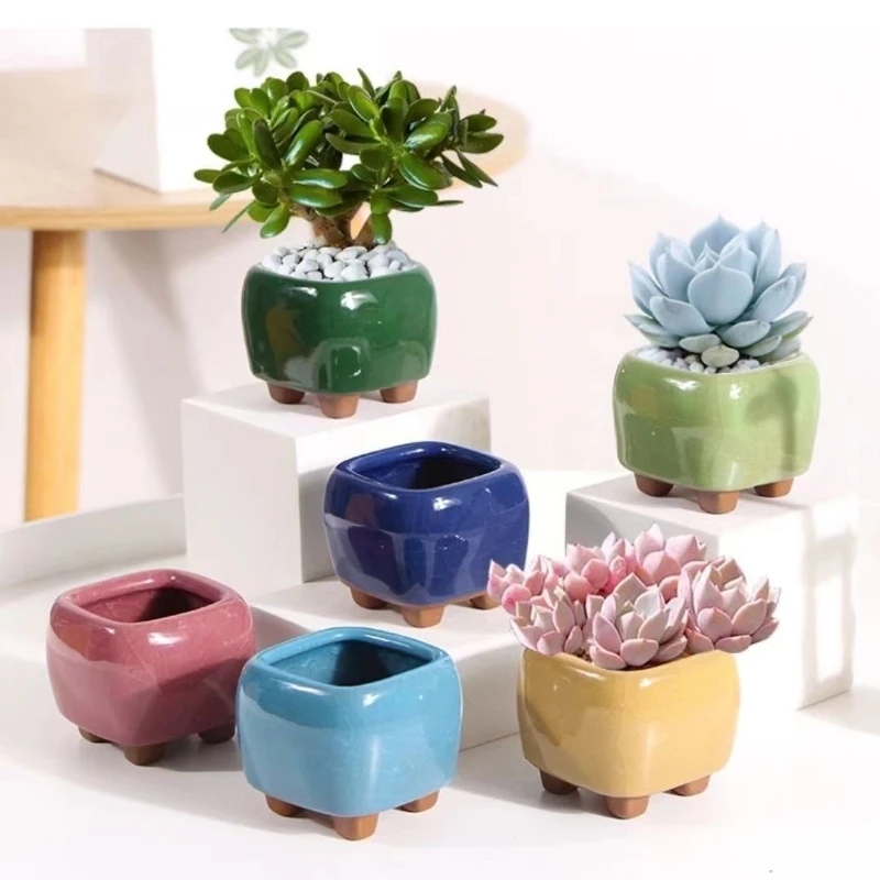 1PC Mini Fleshy Flowerpot Ceramic Thumb Pot Flowing Glaze Ice Crack Handmade Pots Breathable Minimalism