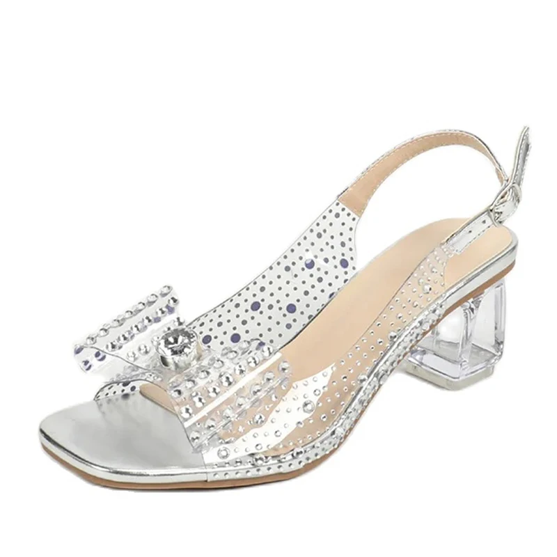 Liyke 2025 New Arrivals Crystal Rhinestone Bowknot Transparent Sandals Women Silver Square Open Toe Clear Heels Party Prom Shoes