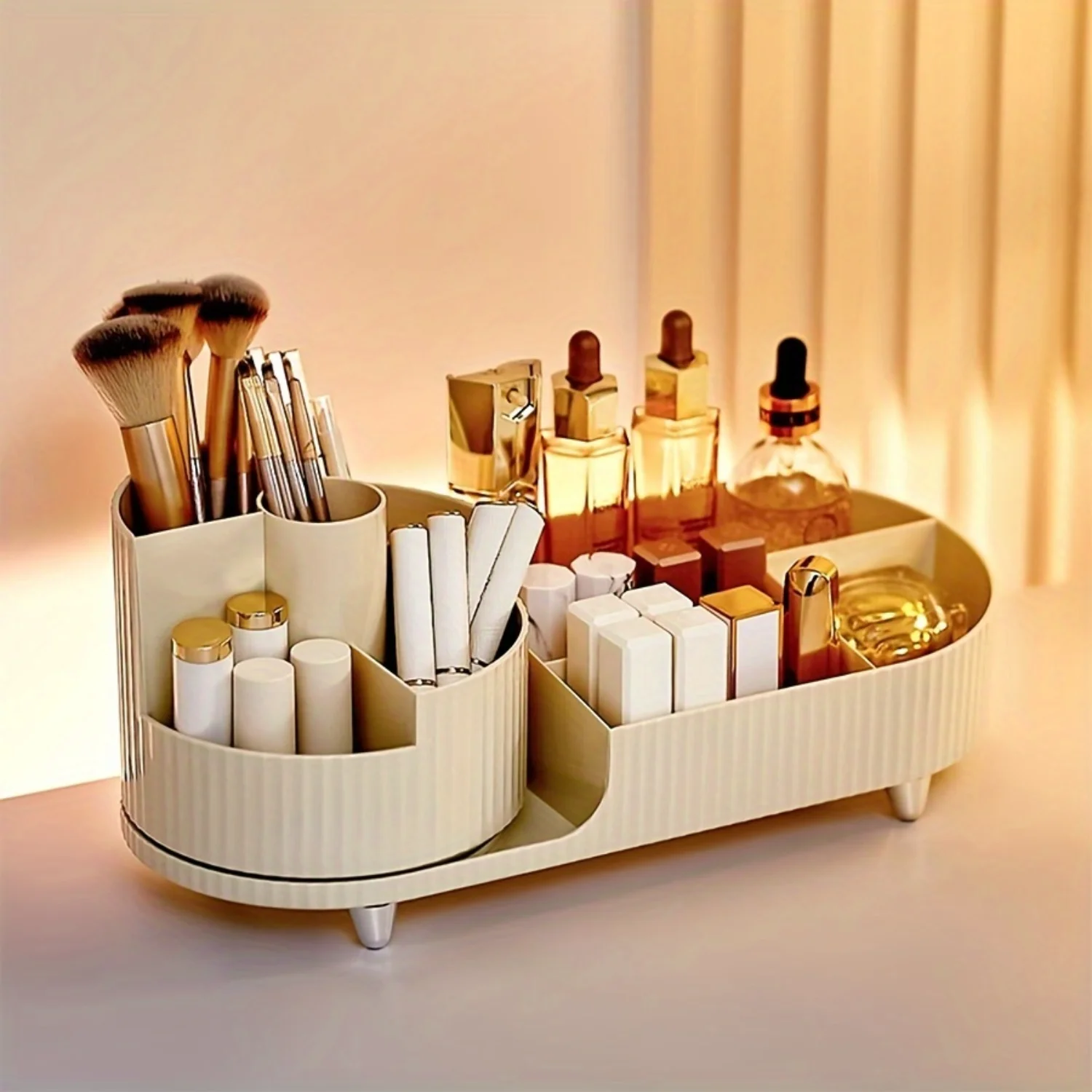 

Desktop Rotating Cosmetic Organizer - Multi Compartment for Lipstick, Makeup Brushes & Skin Care