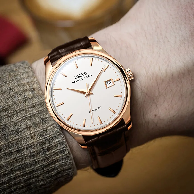 LOBINNI estilo Simple Gaviota ST2130 movimiento cuero de negocios cristal de zafiro hombres reloj automático impermeable